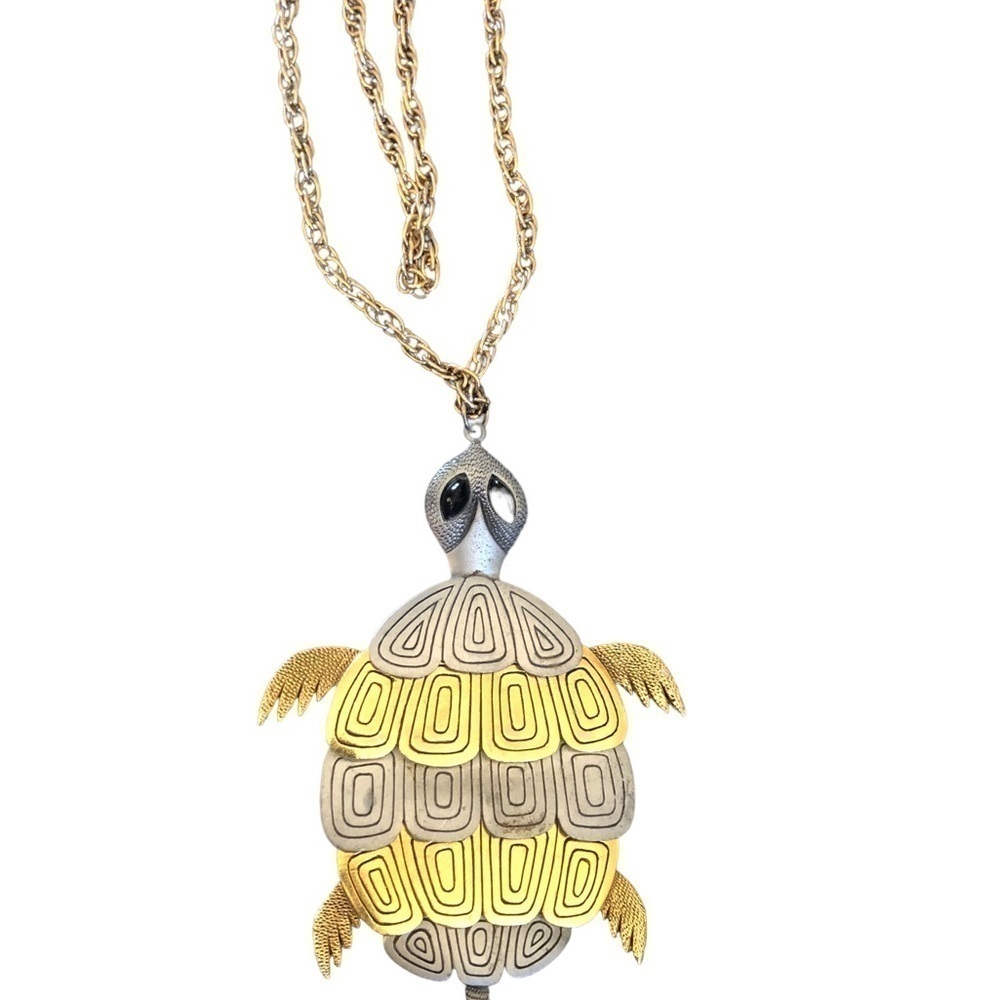 VTG Two Tone Metal Turtle Necklace Gold Link Chain Necklace 15” Gold Silver - Picture 2 of 6